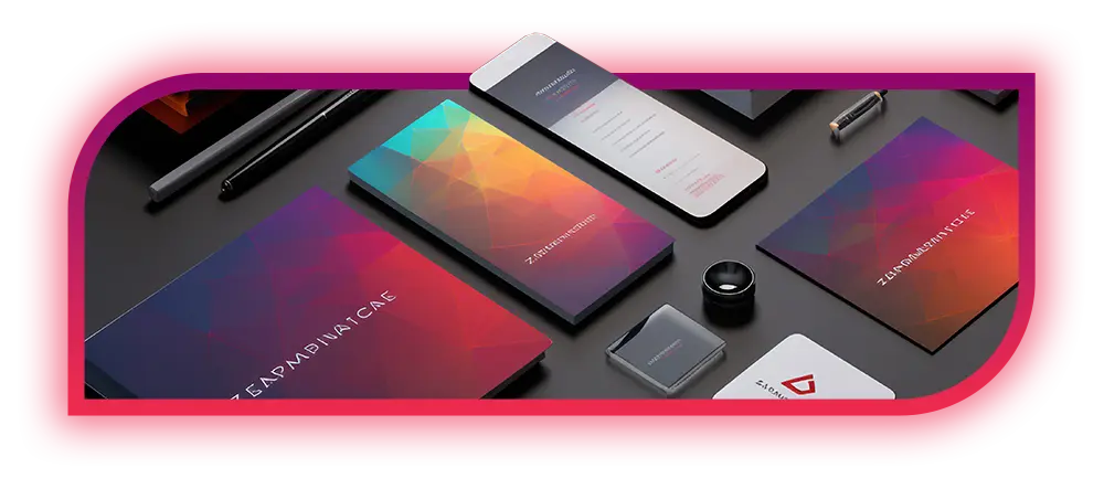 Kit de papelaria e aplicativo com identidade visual em gradiente colorido